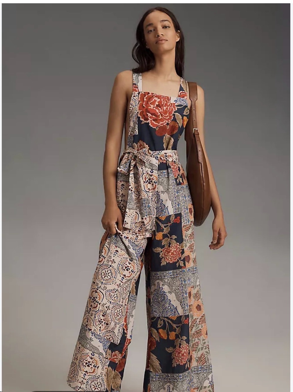 Anthropologie Patchwork Floral Wide-Leg Jumpsuit - Navy, Rust & Cream